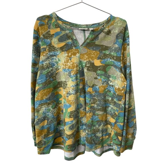 LOGO Lounge by Lori Goldstein Camo Print Split Neck Top Size Large Green Blue - Picture 3 of 10